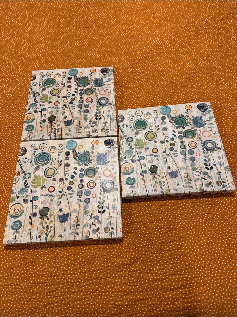 Floral Circles Wall Art Trio in Teal, Blue, Green, Orange